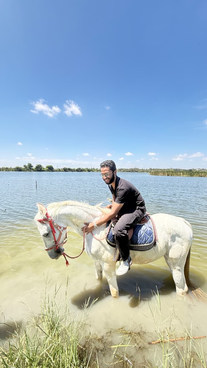 Abbas on a white horse standing in a lake