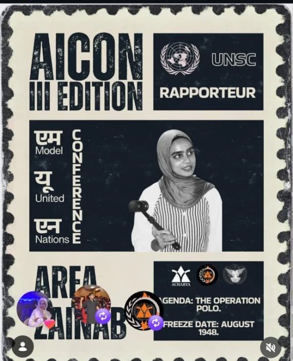 AICON III edition poster naming Arfa Zainab as UNSC Rapporteur